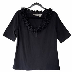 Soft Surroundings Ribbed T Shirt Ruffled Scoop Collar Black Womens Size XL